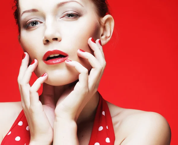 Young woman with bright red lips — Stock Photo, Image