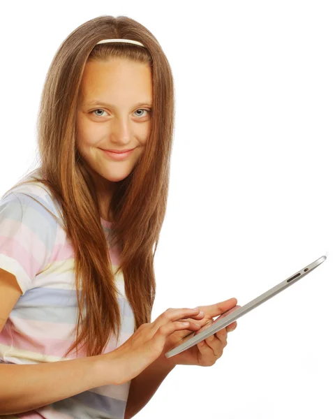 휴대용 태블릿 컴퓨터와 함께 일 하는 여자 — 스톡 사진