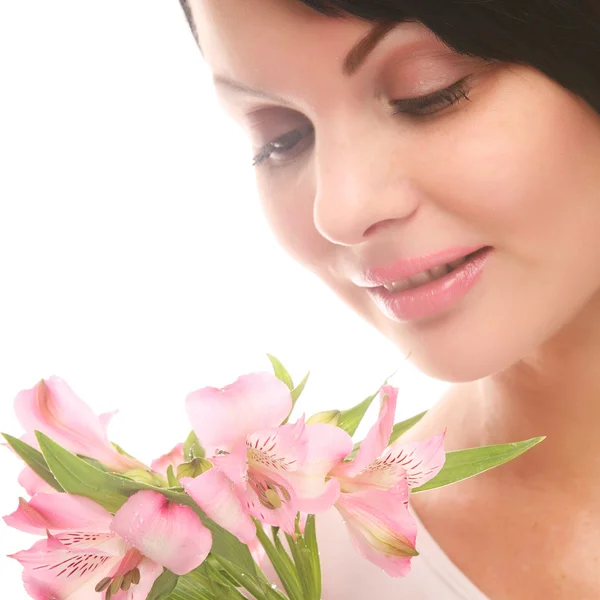 Mulher com flores rosa — Fotografia de Stock