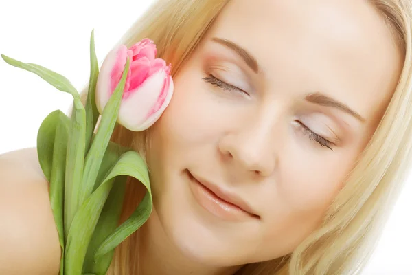 Menina loira com tulipa — Fotografia de Stock