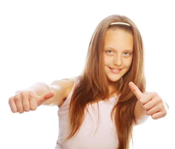 Girl showing thumbs up isolated one white — Stock Photo, Image