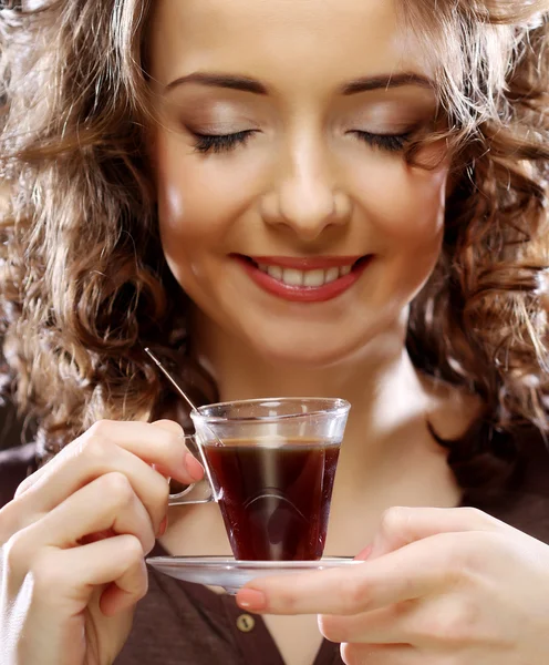 Woman with a cup of espresso coffee — Stock Photo, Image