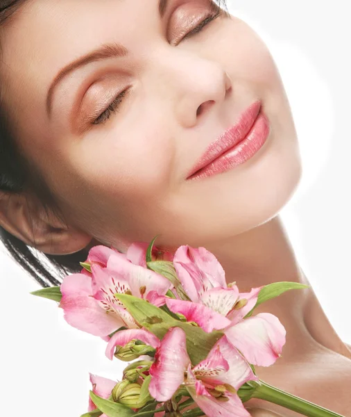 Woman with pink flowers — Stock Photo, Image