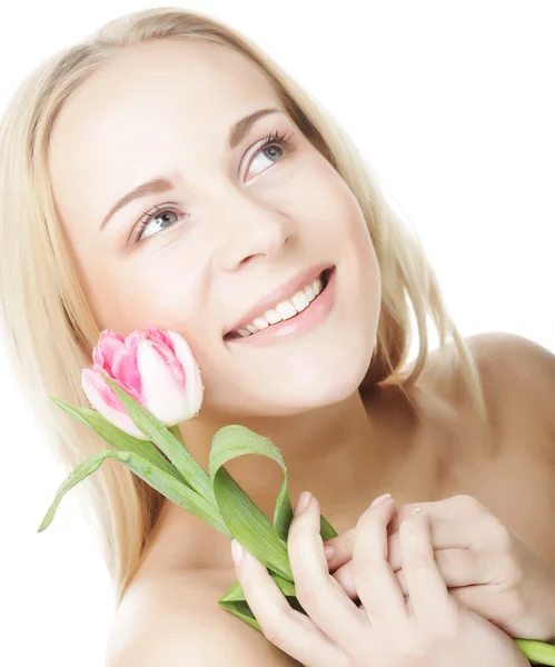 Blonde girl with tulip — Stock Photo, Image