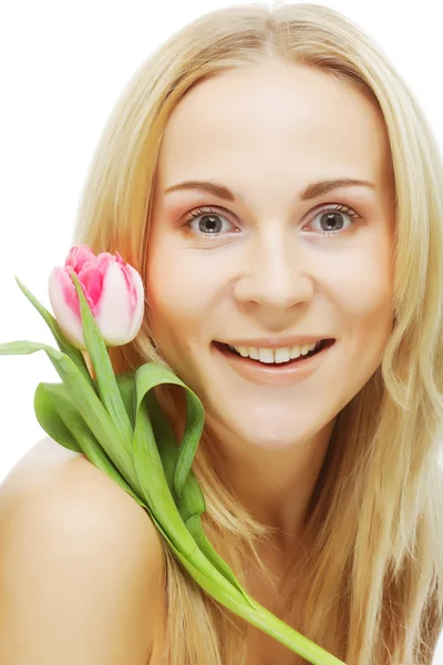 Chica rubia con tulipán — Foto de Stock