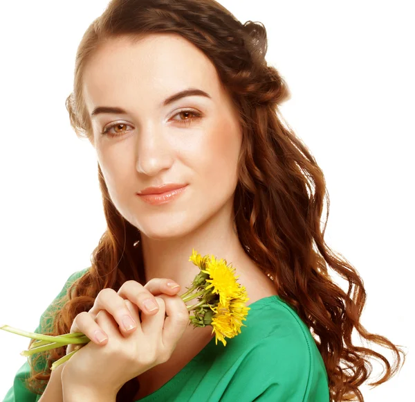 Woman with dandelion bouquet — Stock Photo, Image