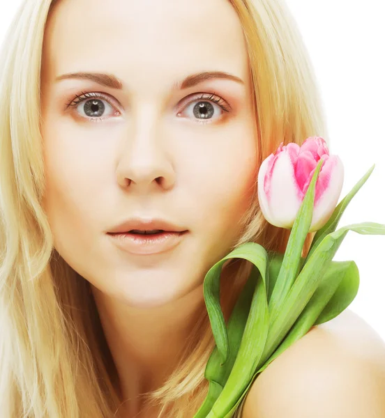 Blonde girl with tulip — Stock Photo, Image