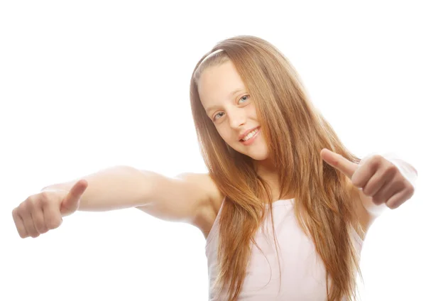 Girl showing thumbs up isolated one white — Stock Photo, Image