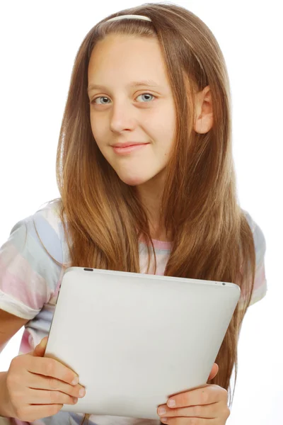 与便携式平板电脑工作的女孩 — 图库照片