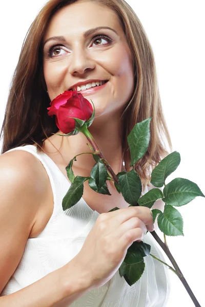 Bella donna con rosa rossa — Foto Stock