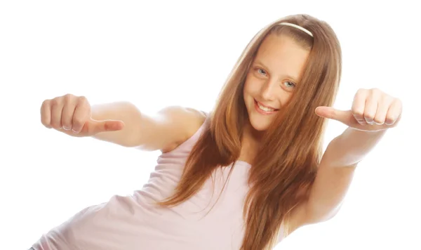 Ragazza mostrando pollici su isolato uno bianco — Foto Stock