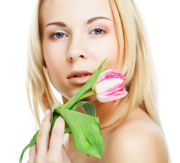 Blonde girl with tulip — Stock Photo, Image