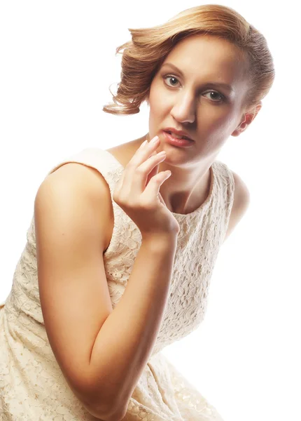 Young blonde in white dress posing — Stock Photo, Image