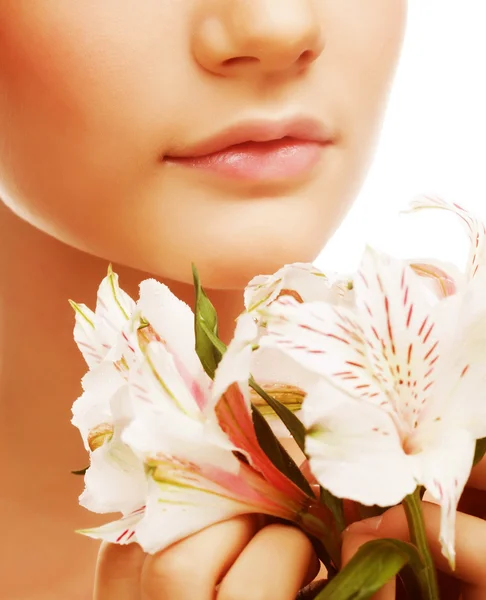 Woman with white flowers — Stock Photo, Image