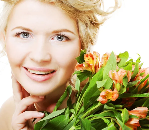 Woman fith bright pink-yellow flowers — Stock Photo, Image