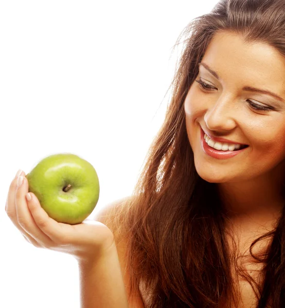 Lycklig kvinna med grönt äpple — Stockfoto