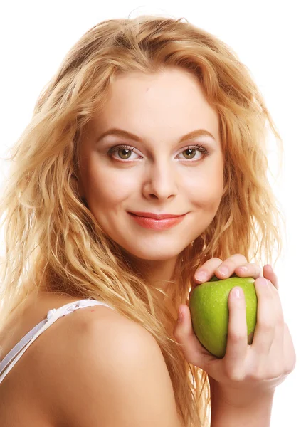 Gelukkig vrouw met groene appel — Stockfoto