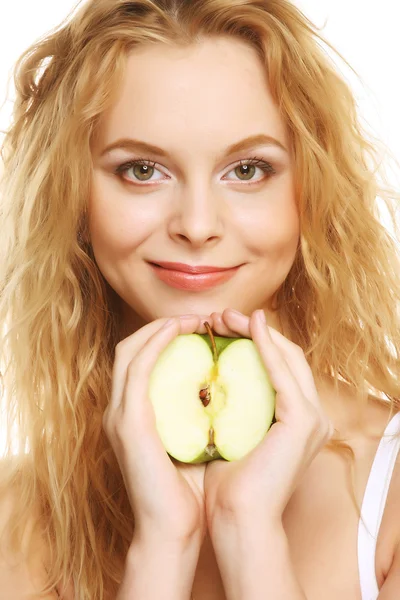 Mulher feliz com maçã verde — Fotografia de Stock