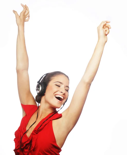 Frau tanzt mit Kopfhörern zur Musik — Stockfoto