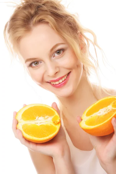 Mujer feliz con naranja — Foto de Stock