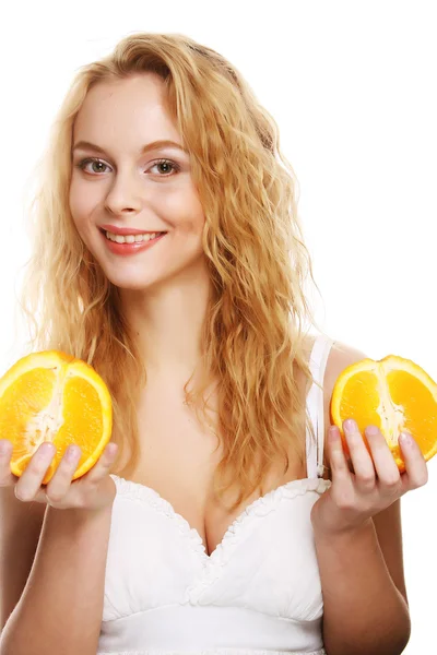 Mulher feliz com laranja — Fotografia de Stock