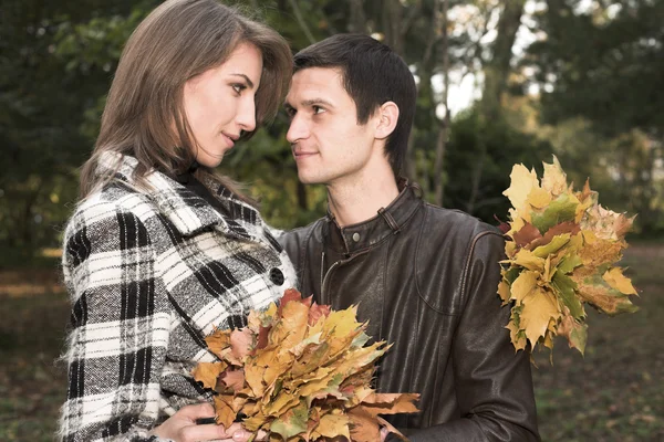 Pareja cariñosa en un parque otoñal —  Fotos de Stock