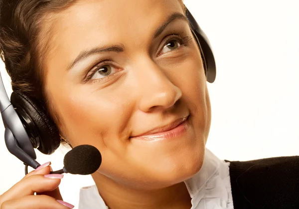 Operador sonriente del centro de llamadas con auriculares telefónicos —  Fotos de Stock