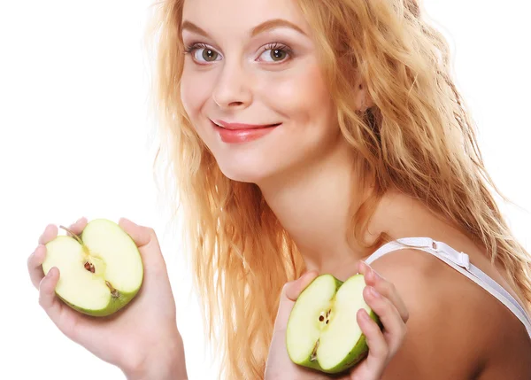 Szczęśliwa kobieta z zielonym jabłkiem — Zdjęcie stockowe