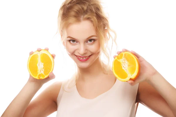 Szczęśliwa kobieta z orange — Zdjęcie stockowe
