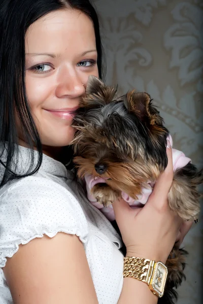 Jong meisje met haar yorkiepuppy — Stockfoto