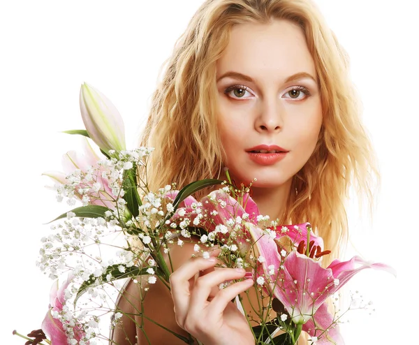 Young woman with pink lily — Stock Photo, Image