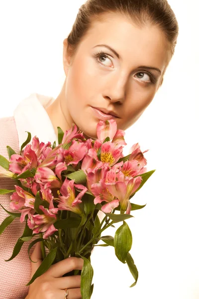 Donna con fiori rosa — Foto Stock