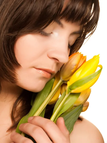 幸福的女人，与黄色郁金香的图片 — 图库照片