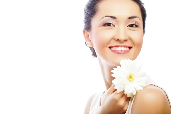 Young asian woman holding white gerber flower — Stock Photo, Image