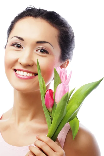 Young asian woman with tulips — Stock Photo, Image