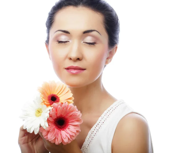 Jovem asiático mulher com bouquet gerber flores — Fotografia de Stock