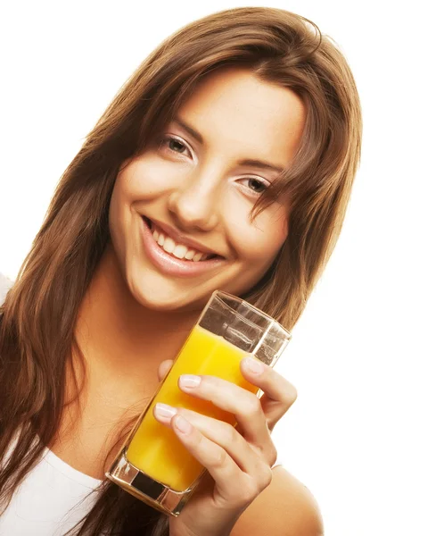 Woman drinking orange juice close up — Stock Photo, Image