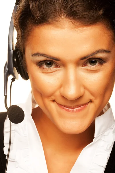 Call-center mosolyogva üzemeltető telefon headset — Stock Fotó
