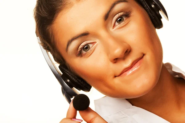 Operador sonriente del centro de llamadas con auriculares telefónicos —  Fotos de Stock