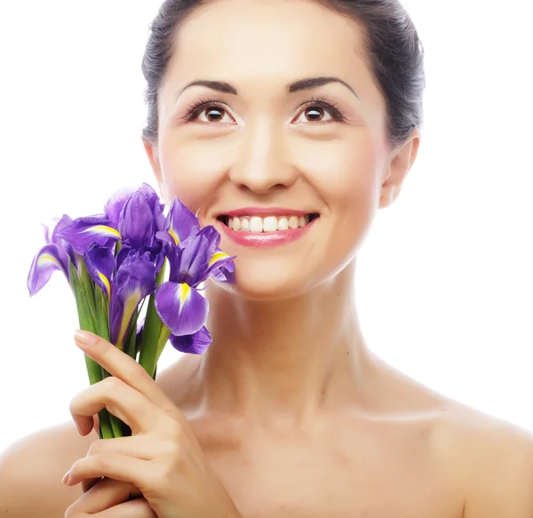 Young asian model with iris flowers. — Stock Photo, Image
