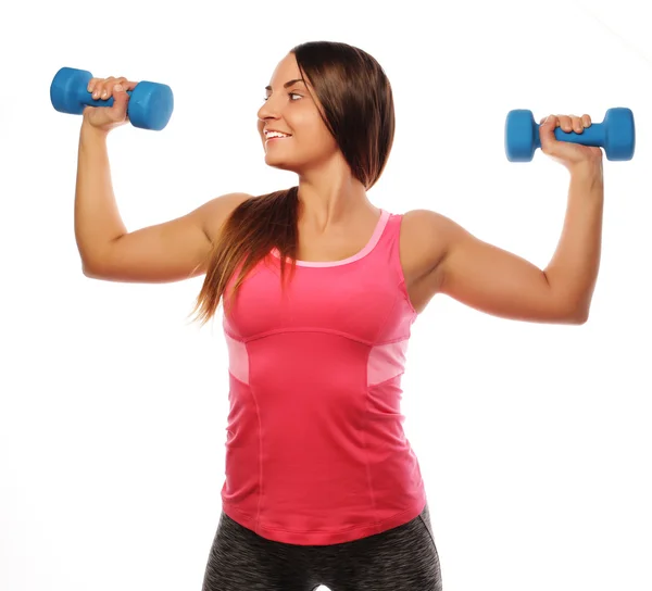 Woman in sport equipment practice with hand weights — Stock Photo, Image