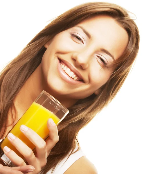 Woman drinking orange juice close up — Stock Photo, Image