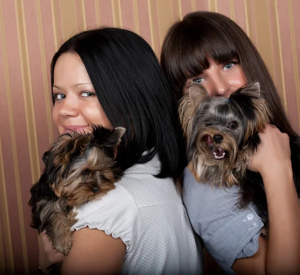 Две девочки с щенками — стоковое фото