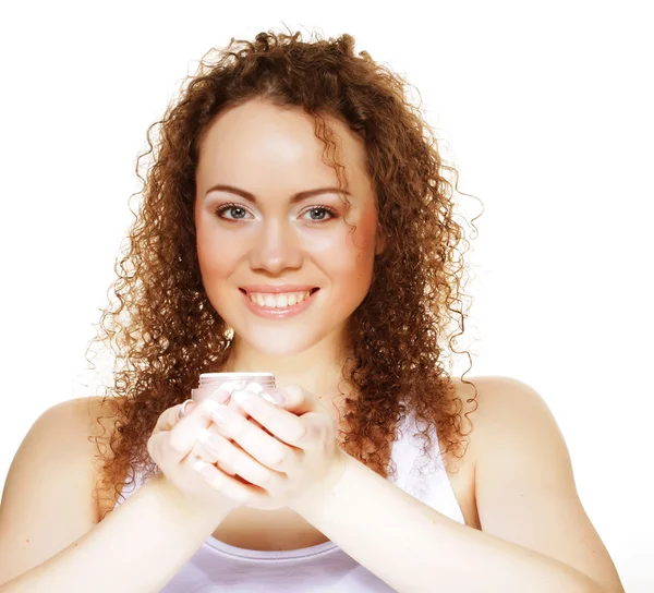 Beautiful spa girl holding jar of cream — Stock Photo, Image