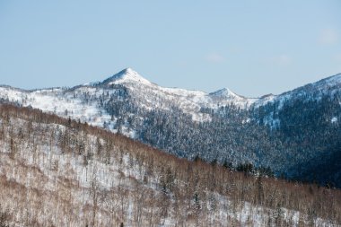 Kış dağ manzarası Sakhalin Adası.
