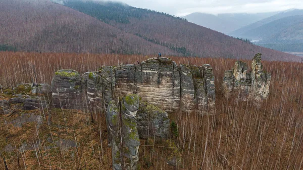 Anyu pillars . Beautiful rocky gray textured background with mosses and lichens. Surface mountain cliff close-up. — Stock Photo, Image