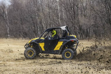 ATV macerası. Toprak yolda at arabası sürüşü. UTV