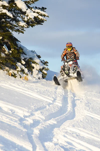 Moto de nieve en el bosque de invierno en las montañas de la isla de Sakhalin —  Fotos de Stock