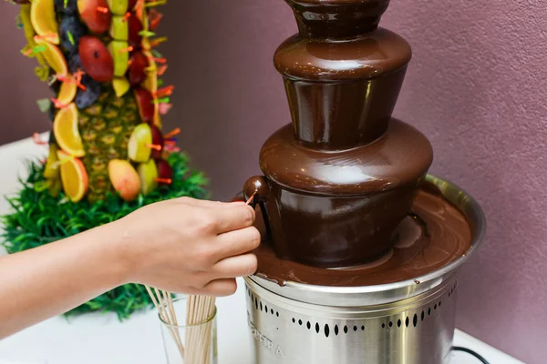 Chocolate fountain  and fruits — Stok fotoğraf