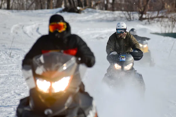 Snowmobiles in the competition winter sprint 2014 — Stock Photo, Image